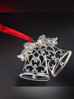 Lenox Sparkle And Scroll Clear Crystal Silverplated Bells Christmas Ornament